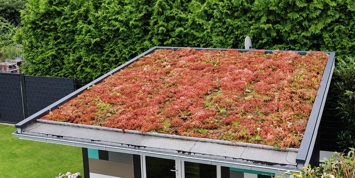 Begrüntes Flachdach eines Gartenhauses